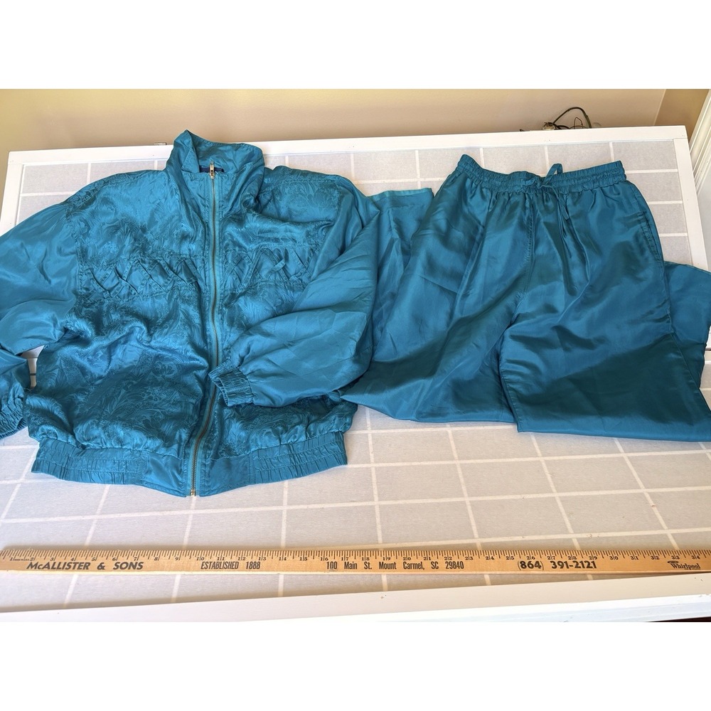 VTG 100% Silk Tracksuit Set Teal 80s 90s SzM Jacquard Floral Shell Suit Retro